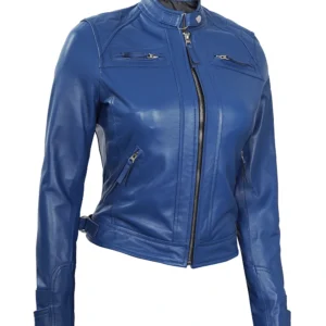 Women Blue Diamond Cafe Racer Real Leather Jacket