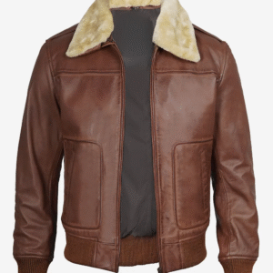 Men’s Fur Collar Brown Leather Bomber Jacket