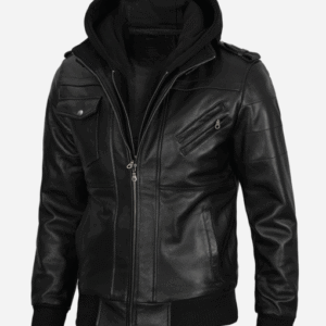 Mens Black Leather Bomber Jacket with Removable Hood