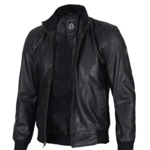 Men’s Black Leather Bomber Jacket