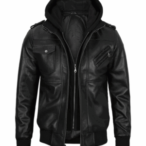 Mens Black Hooded Stylish Bomber Leather Jacket