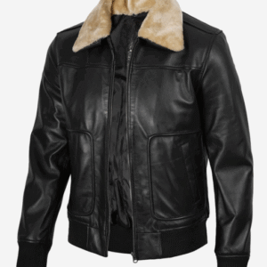 Men’s Fur Collar Black Bomber Leather Jacket