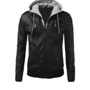 Mens Black Leather Hooded Jacket