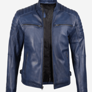 Mens Blue Waxed Biker Style Leather Jacket