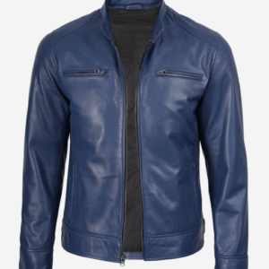 Mens Classic Blue Biker Style Leather Jacket