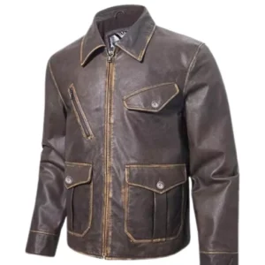 Men’s Genuine Leather Casual Jacket with Adjustable Belt Strap